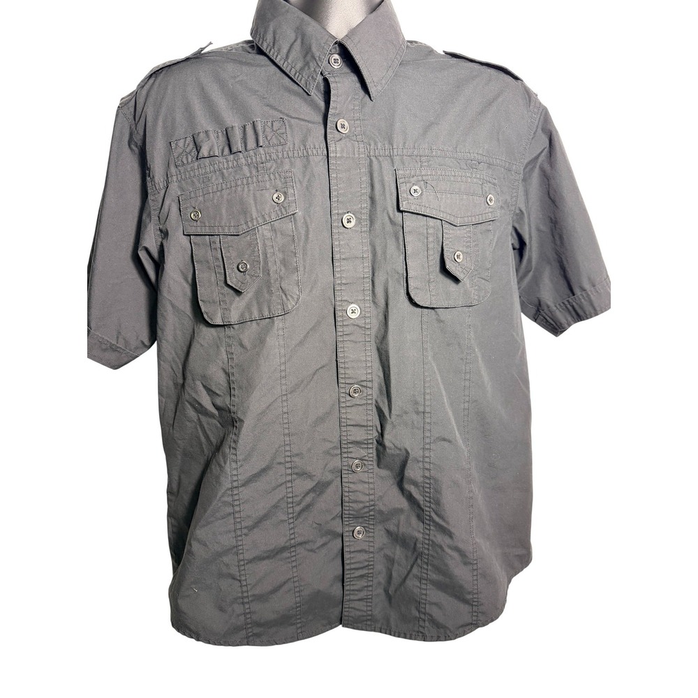 Black Shirt Mens XL Black Solid Short Sleeve‎ Button Up Military Pockets Utility
